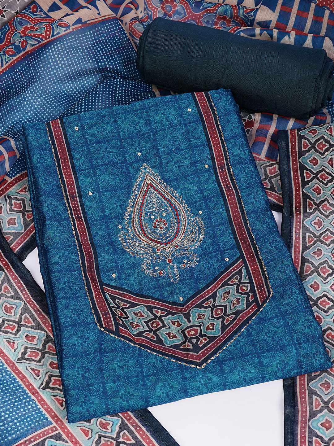 Unstitched 3-Piece Art Silk Suit Set with Embroidered Yoke, Printed Dupatta.(Blue)