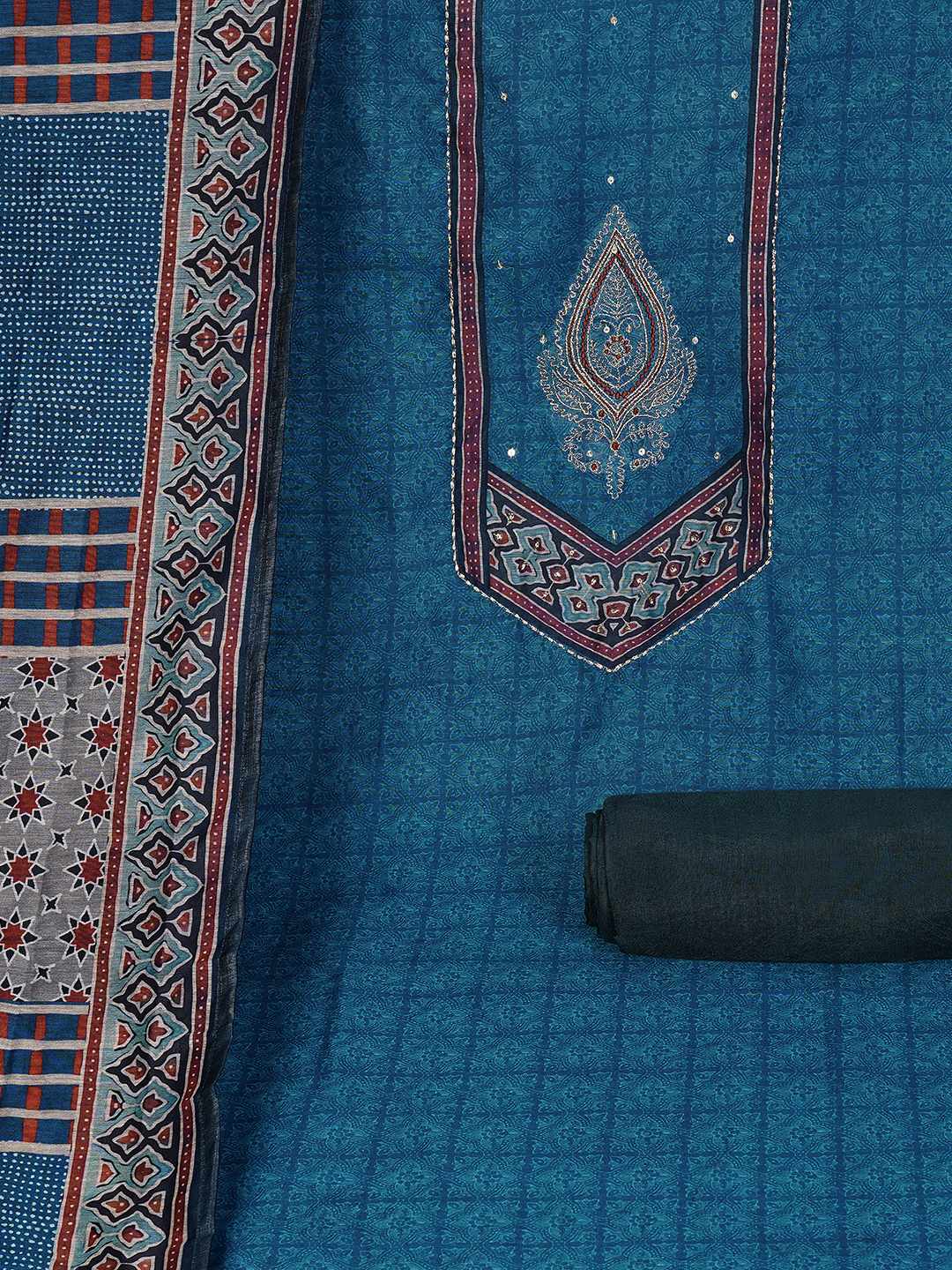 Unstitched 3-Piece Art Silk Suit Set with Embroidered Yoke, Printed Dupatta.(Blue)