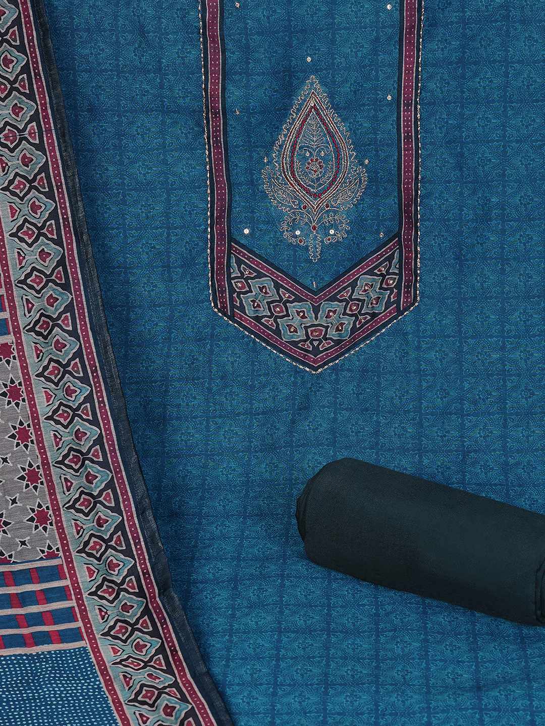 Unstitched 3-Piece Art Silk Suit Set with Embroidered Yoke, Printed Dupatta.(Blue)