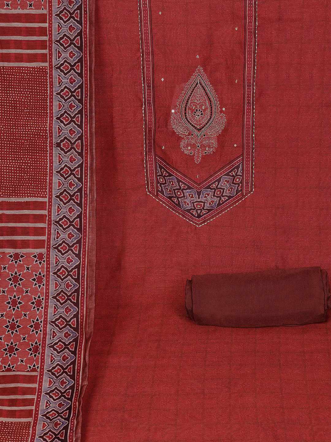 Unstitched 3-Piece Art Silk Suit Set with Embroidered Yoke, Printed Dupatta.(Rust)
