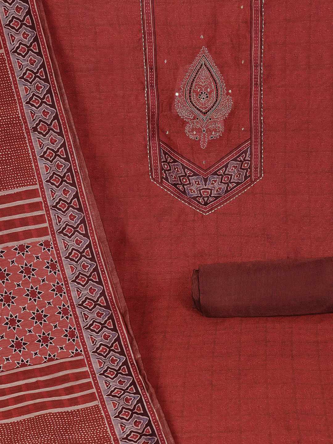 Unstitched 3-Piece Art Silk Suit Set with Embroidered Yoke, Printed Dupatta.(Rust)