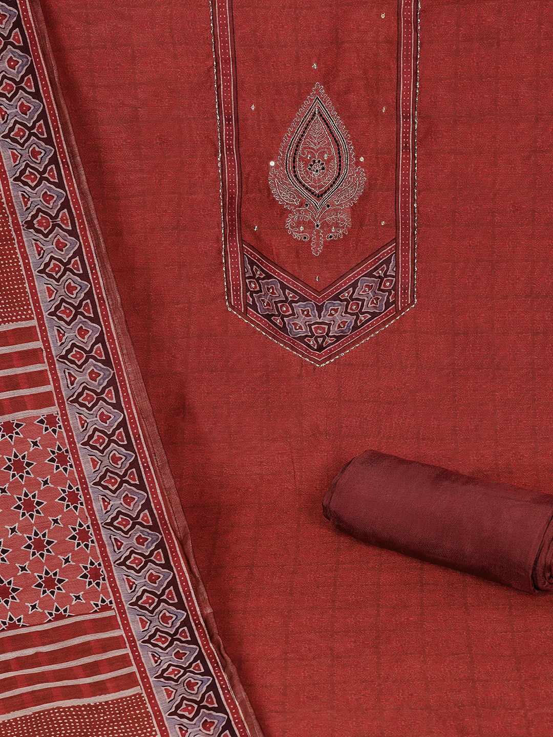 Unstitched 3-Piece Art Silk Suit Set with Embroidered Yoke, Printed Dupatta.(Rust)