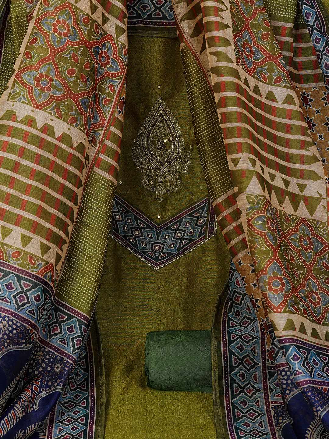 Unstitched 3-Piece Art Silk Suit Set with Embroidered Yoke, Printed Dupatta.(Green)