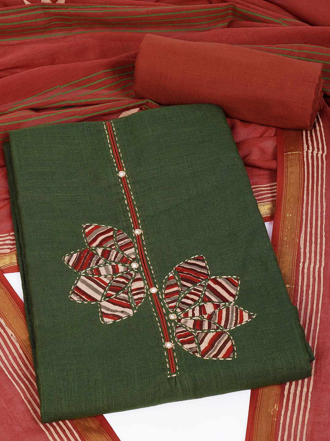 Cotton 3-Piece Unstitched Dress Material with Applique, Mirror Work, Plain Salwar & Printed Dupatta.(Green)
