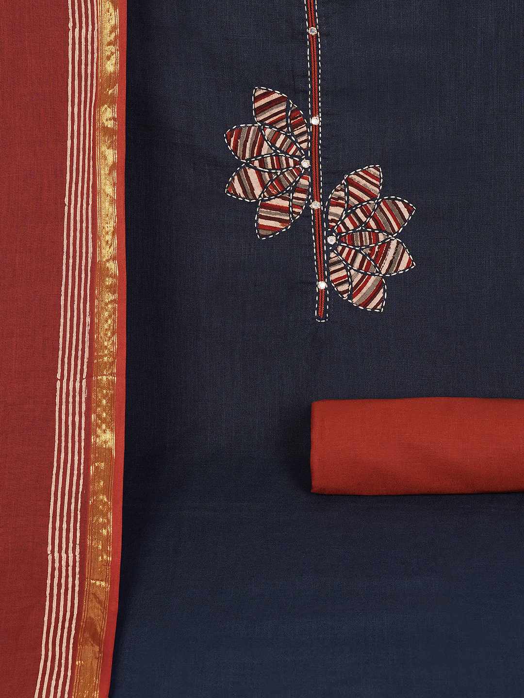 Cotton 3-Piece Unstitched Dress Material with Applique, Mirror Work, Plain Salwar & Printed Dupatta.(Blue)