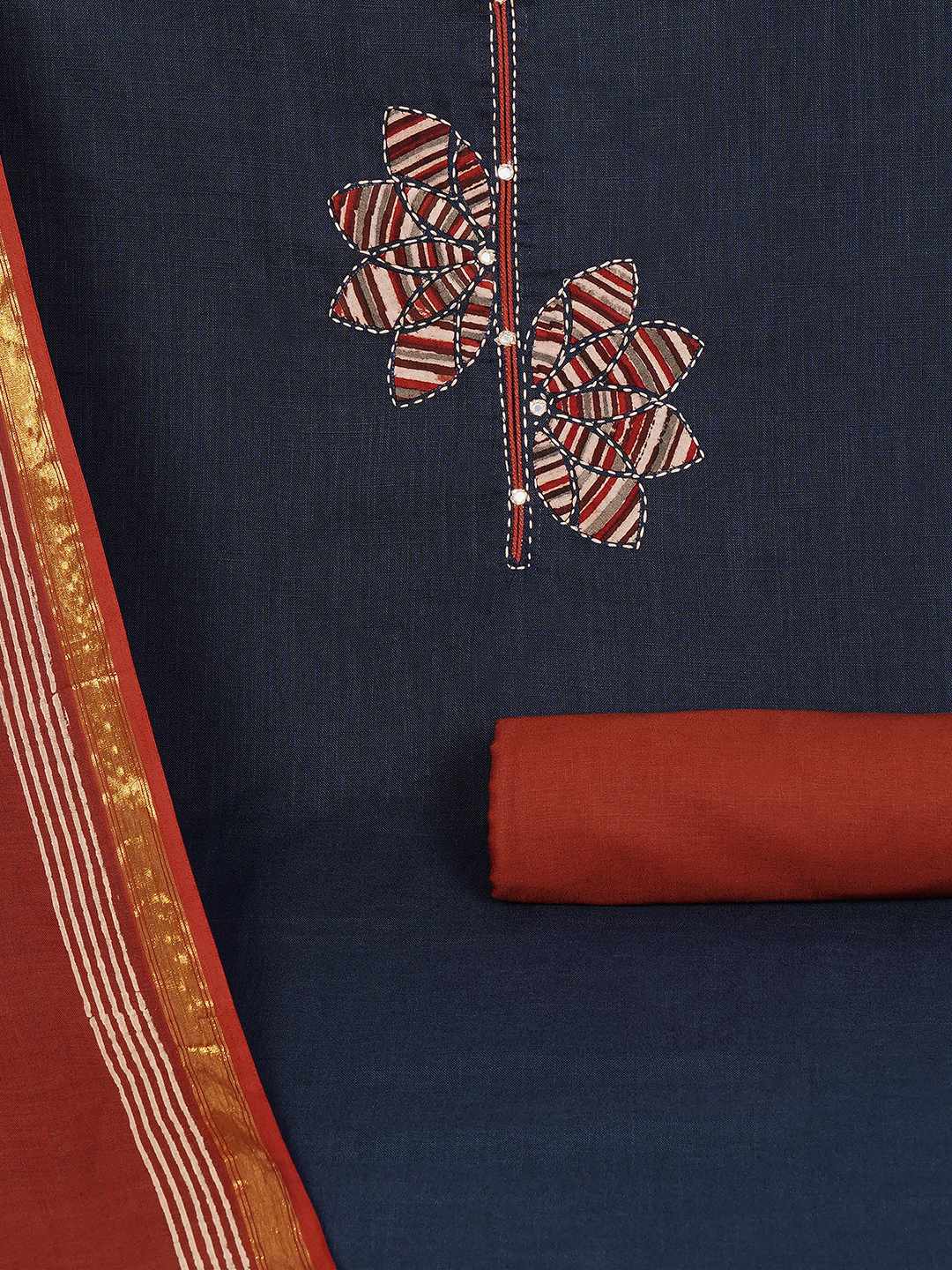 Cotton 3-Piece Unstitched Dress Material with Applique, Mirror Work, Plain Salwar & Printed Dupatta.(Blue)