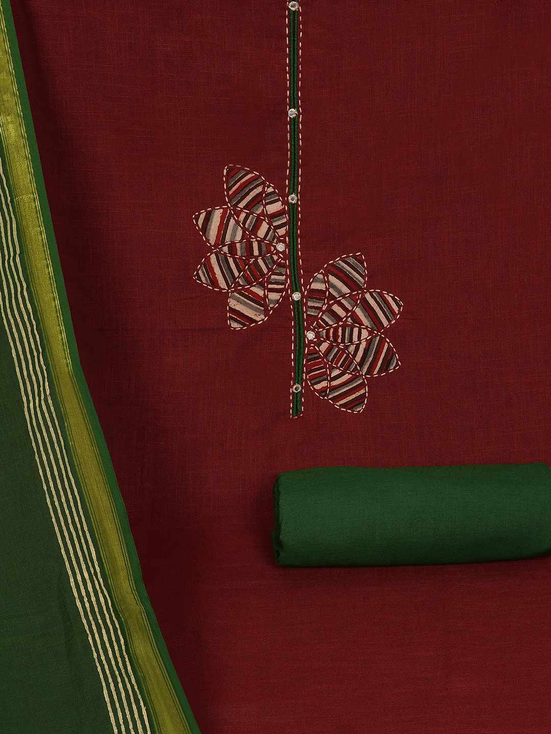 Cotton 3-Piece Unstitched Dress Material with Applique, Mirror Work, Plain Salwar & Printed Dupatta.(Maroon)