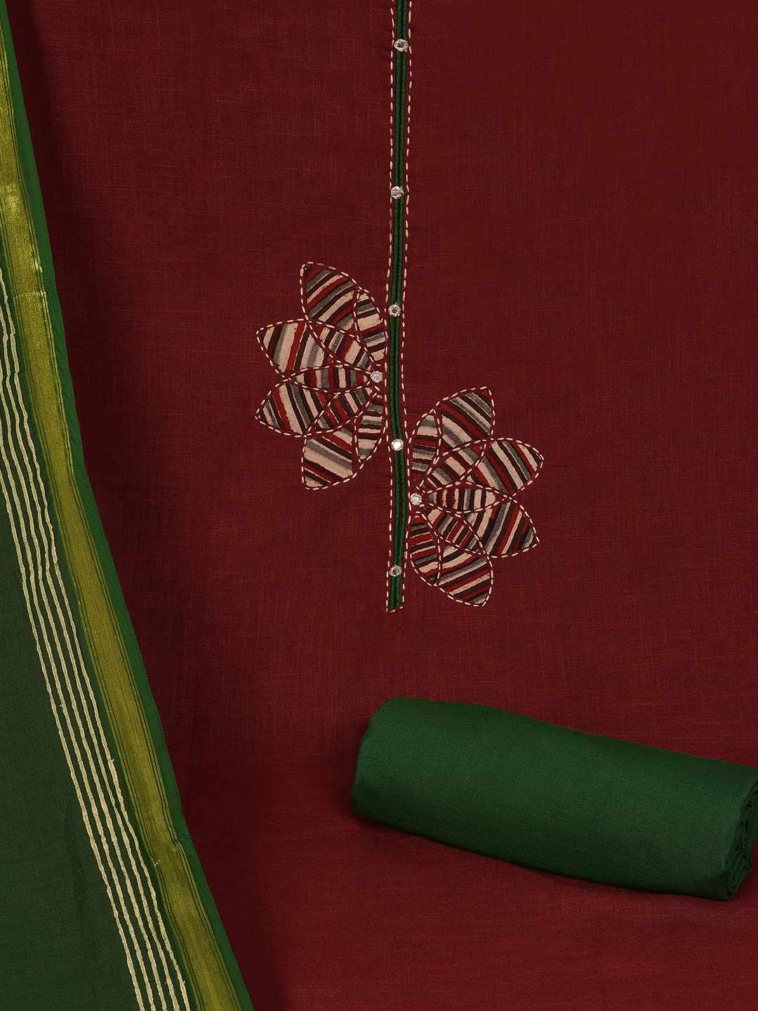 Cotton 3-Piece Unstitched Dress Material with Applique, Mirror Work, Plain Salwar & Printed Dupatta.(Maroon)