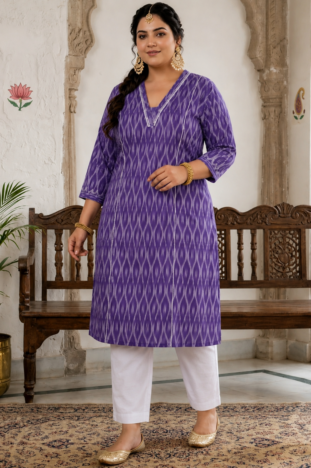 Plus size- Straight Fit Purple Cotton Ikat Kurta with Hand Embroidery & Woven Stripe Work.