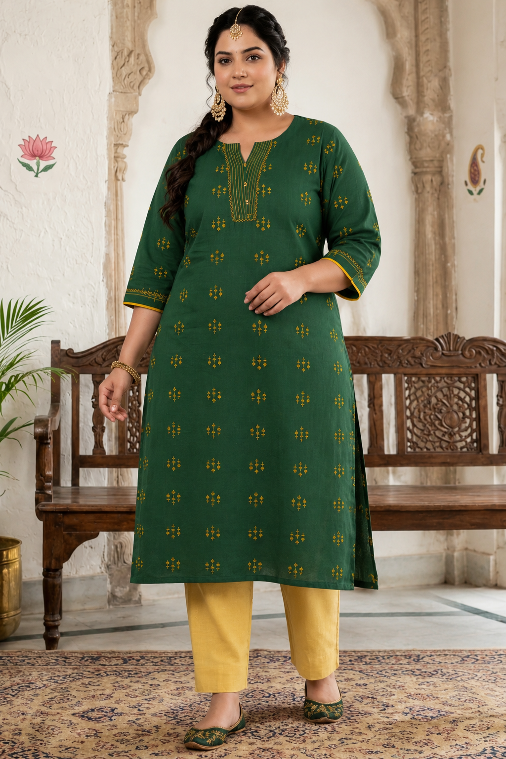 Plus size- Elegant Straight Fit Cotton Dobby Kurta with Hand Embroidery and Mirror Embellishment