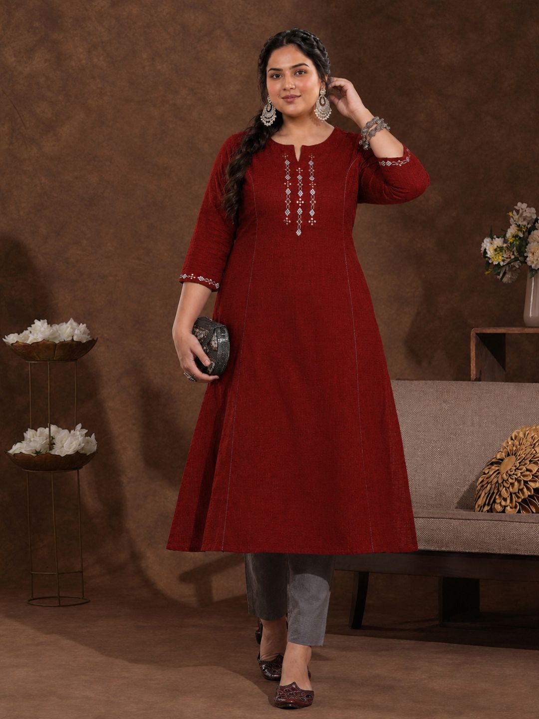 Plus Size- A-Line Pocketed Cotton Slub Kurta Featuring Thread Embroidery and Mirror Work.