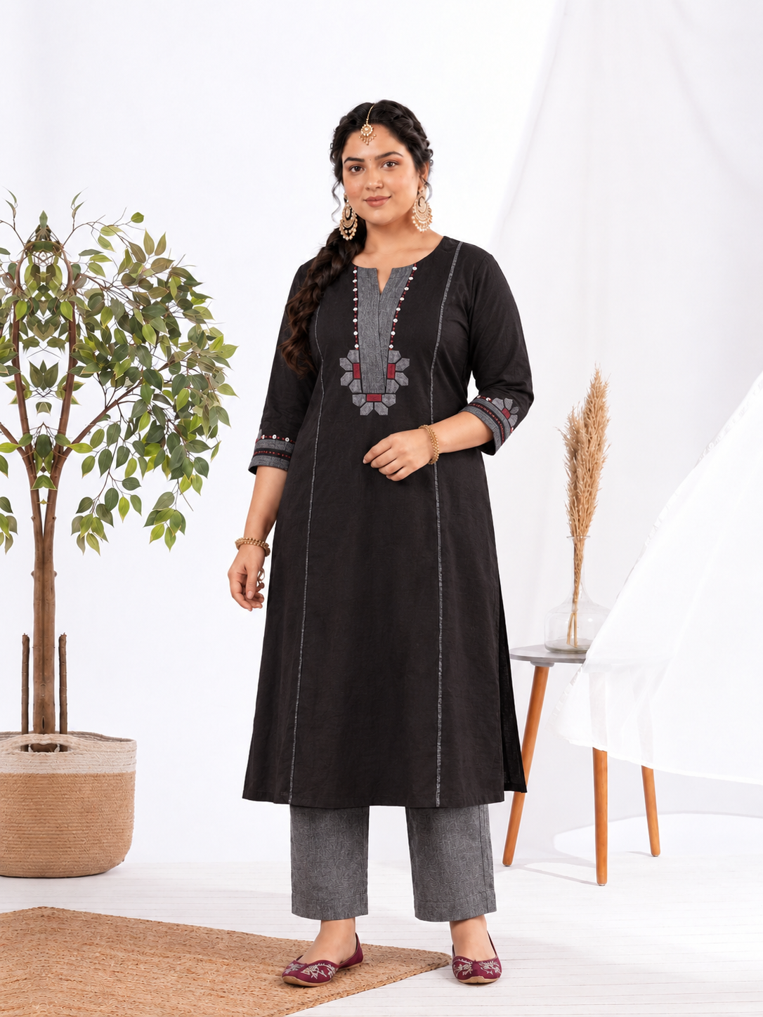 Plus size- A-line Cotton Kurta with Mirror Work, Striped Panel & Geometric Applique.