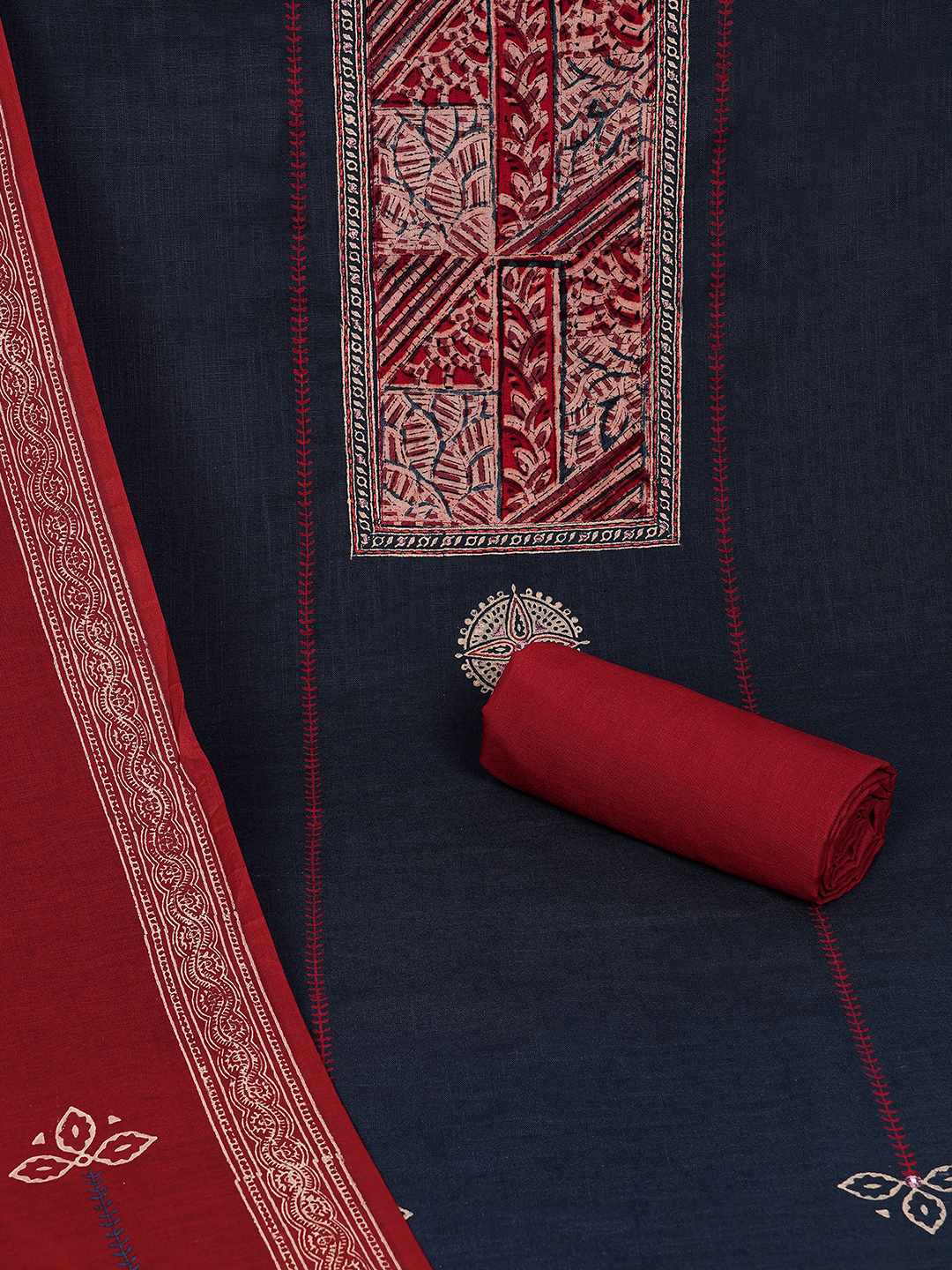 Unstitched Cotton Dress Material with Kalamkari Yoke, thread work & Printed Dupatta.(Blue)