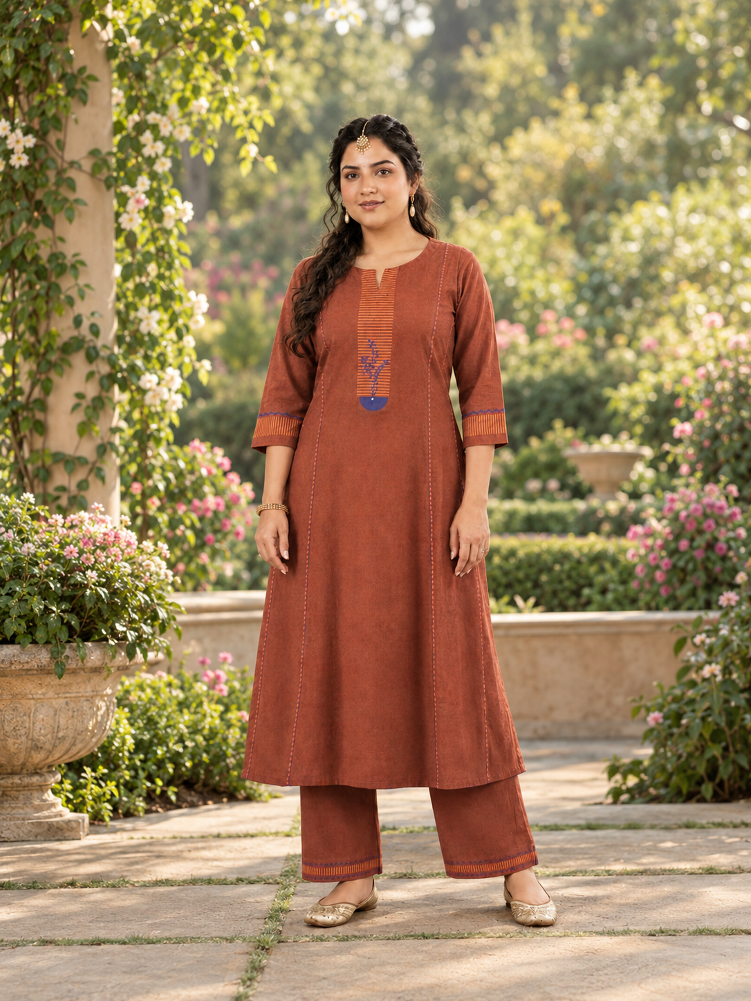 Plus size- Pocketed A-Line Cotton Flex Kurta set with Block Print and Handwork Paired with Palazoo.