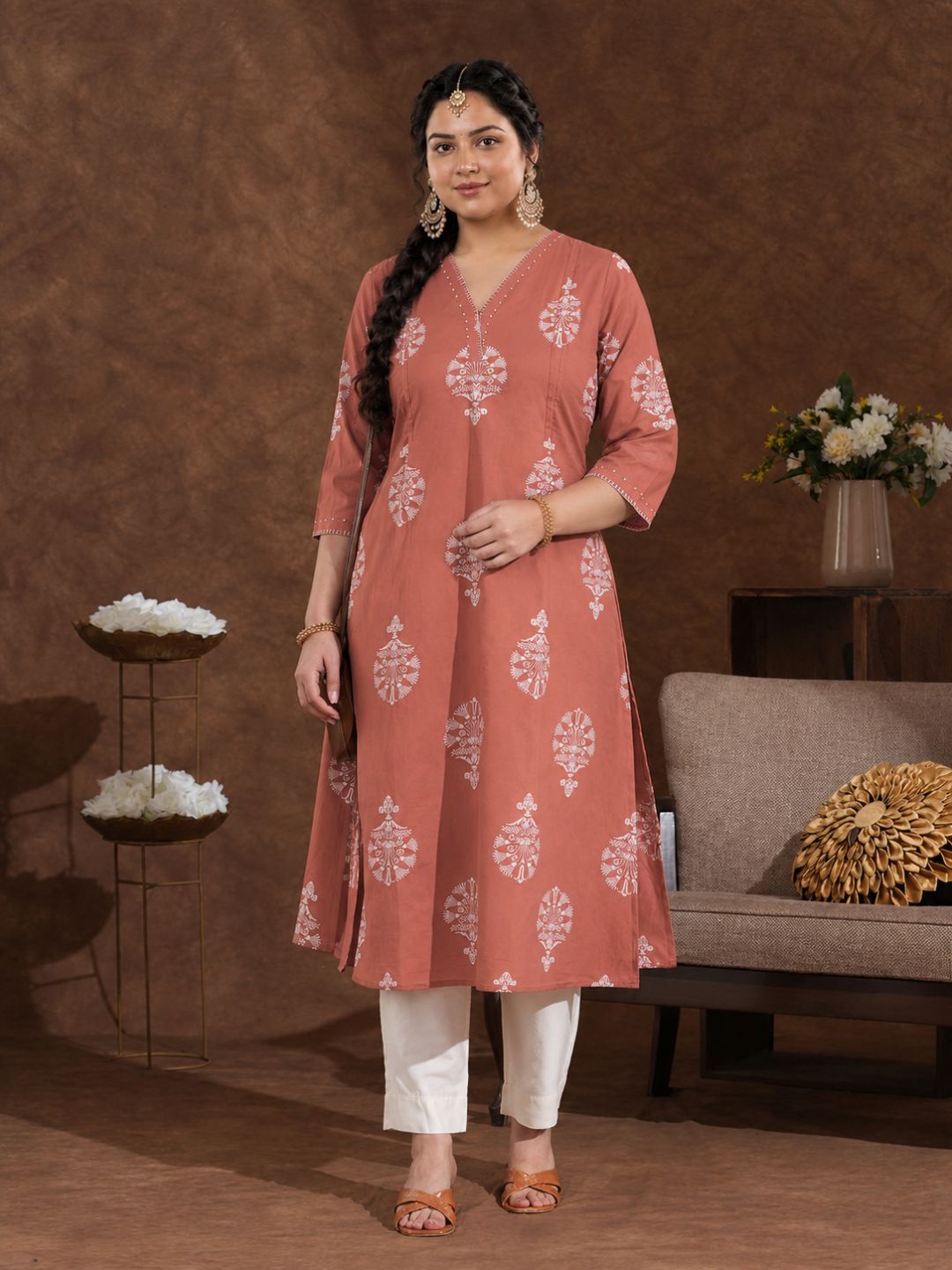 Plus Size- Rust Orange A-Line Cotton Print Kurta with Beadwork and Functional Pocket