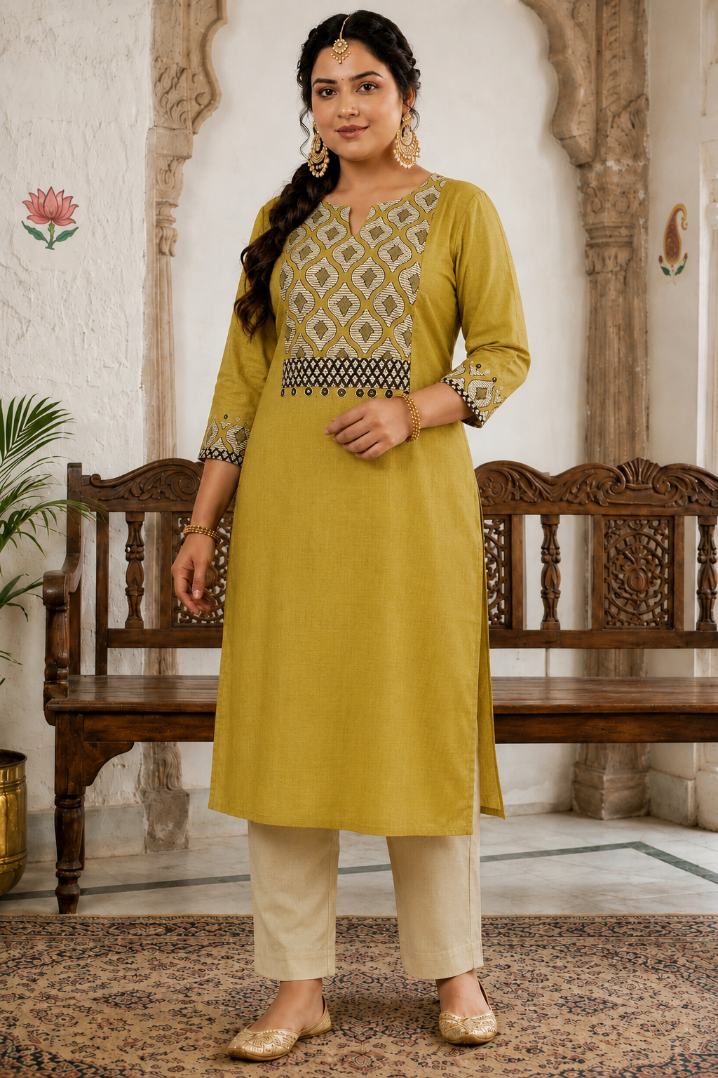 Plus size- Stylish Mustard Cotton Straight Kurta Featuring Block Printed Yoke and Mirror Detailing
