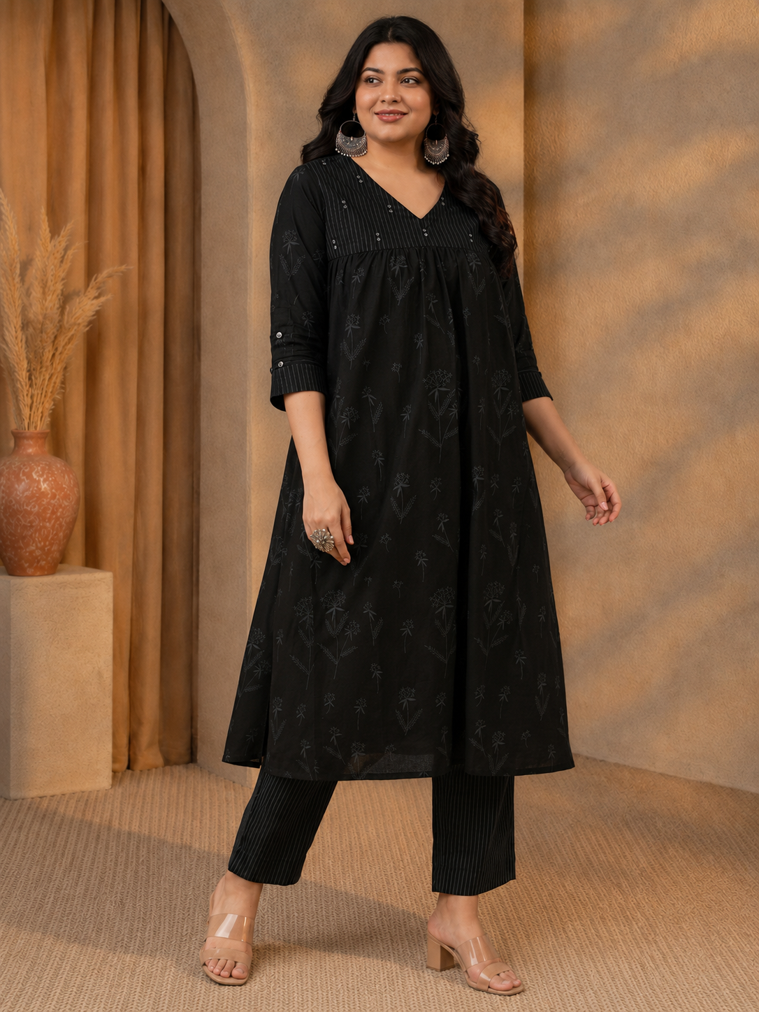 Plus Size- Gathered A-Line Cotton Kurta with Mirror Work Yoke and Elegant Cuffed Sleeves