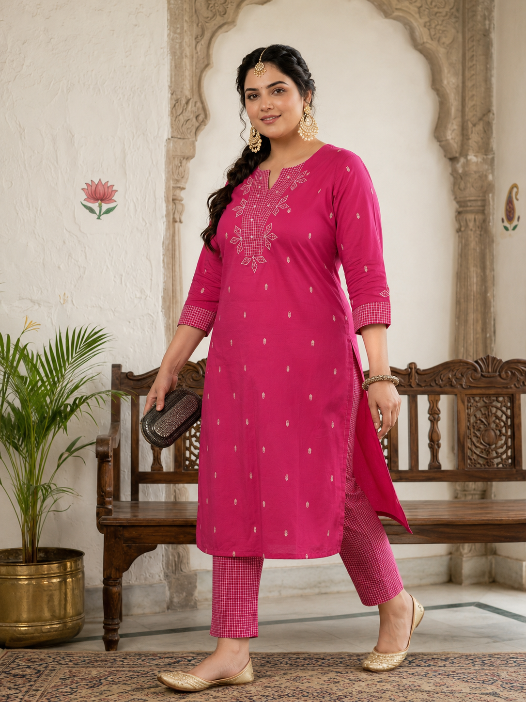 Plus size- Cotton Straight Fit Kurta Featuring Contrast Trim Fabric and Applique on Neck & Sleeves