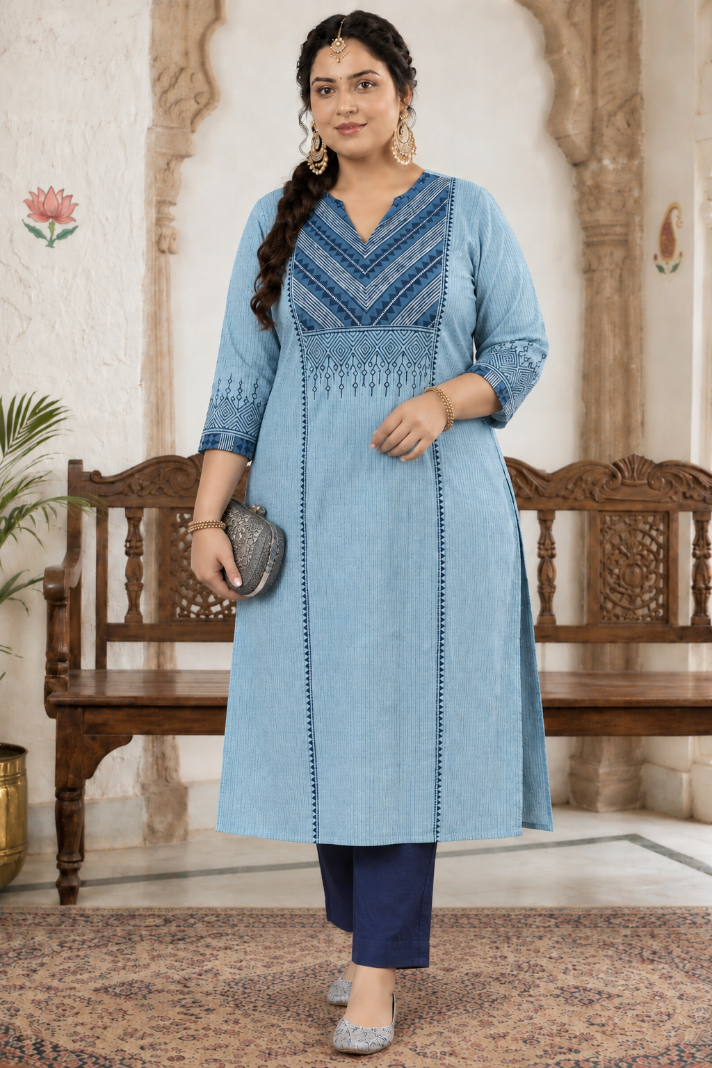 Plus size- Cotton Striped Straight Kurta Featuring Dabu Print Yoke, Block Print and Hand Embroidery Detail