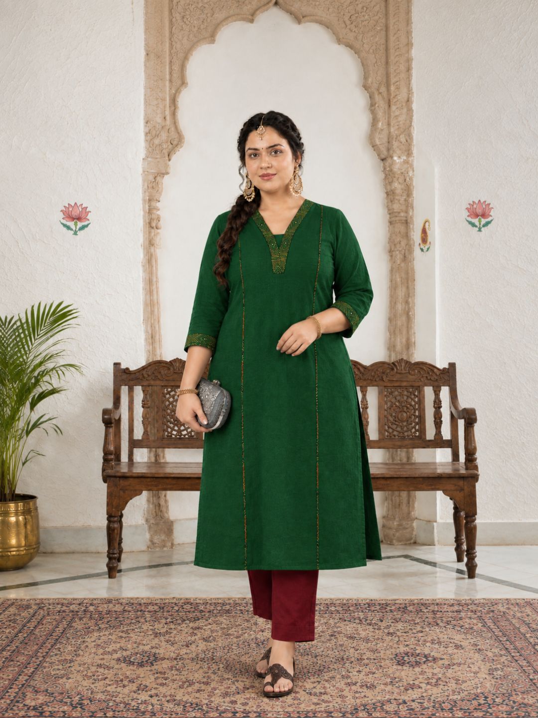 Plus Size-Elegant A-Line Cotton Slub Kurta with Thread and Mirror Embroidery and Pocket