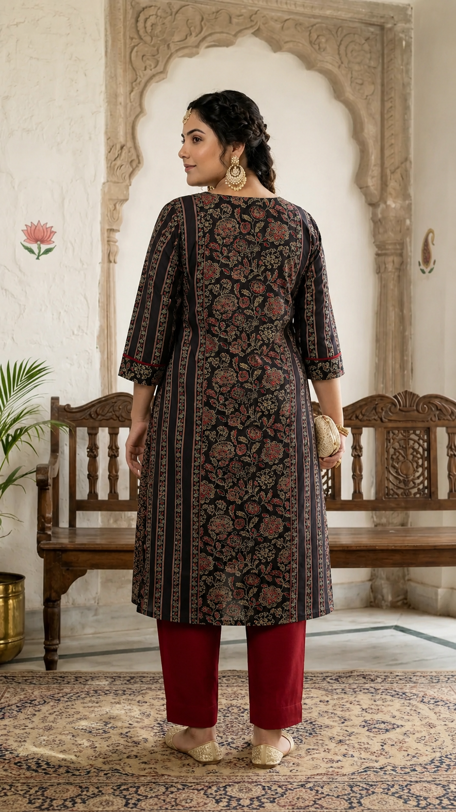 Plus size- Cotton Straight Kurta Featuring Panelled Structure, Block Print and Sequin Handwork