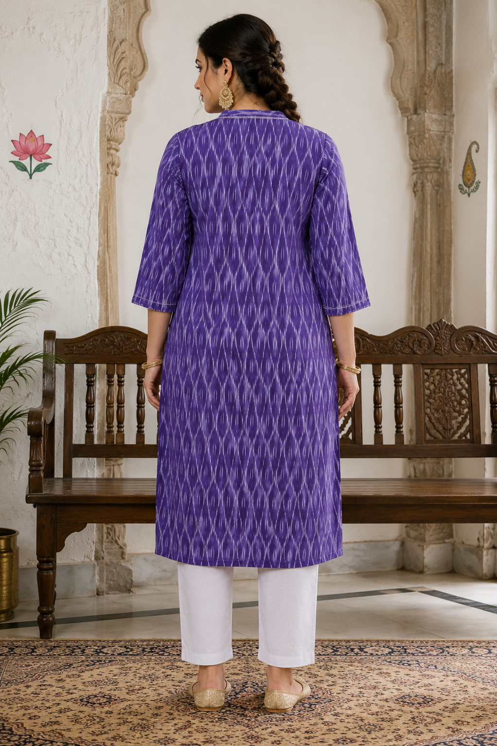 Plus size- Straight Fit Purple Cotton Ikat Kurta with Hand Embroidery & Woven Stripe Work.
