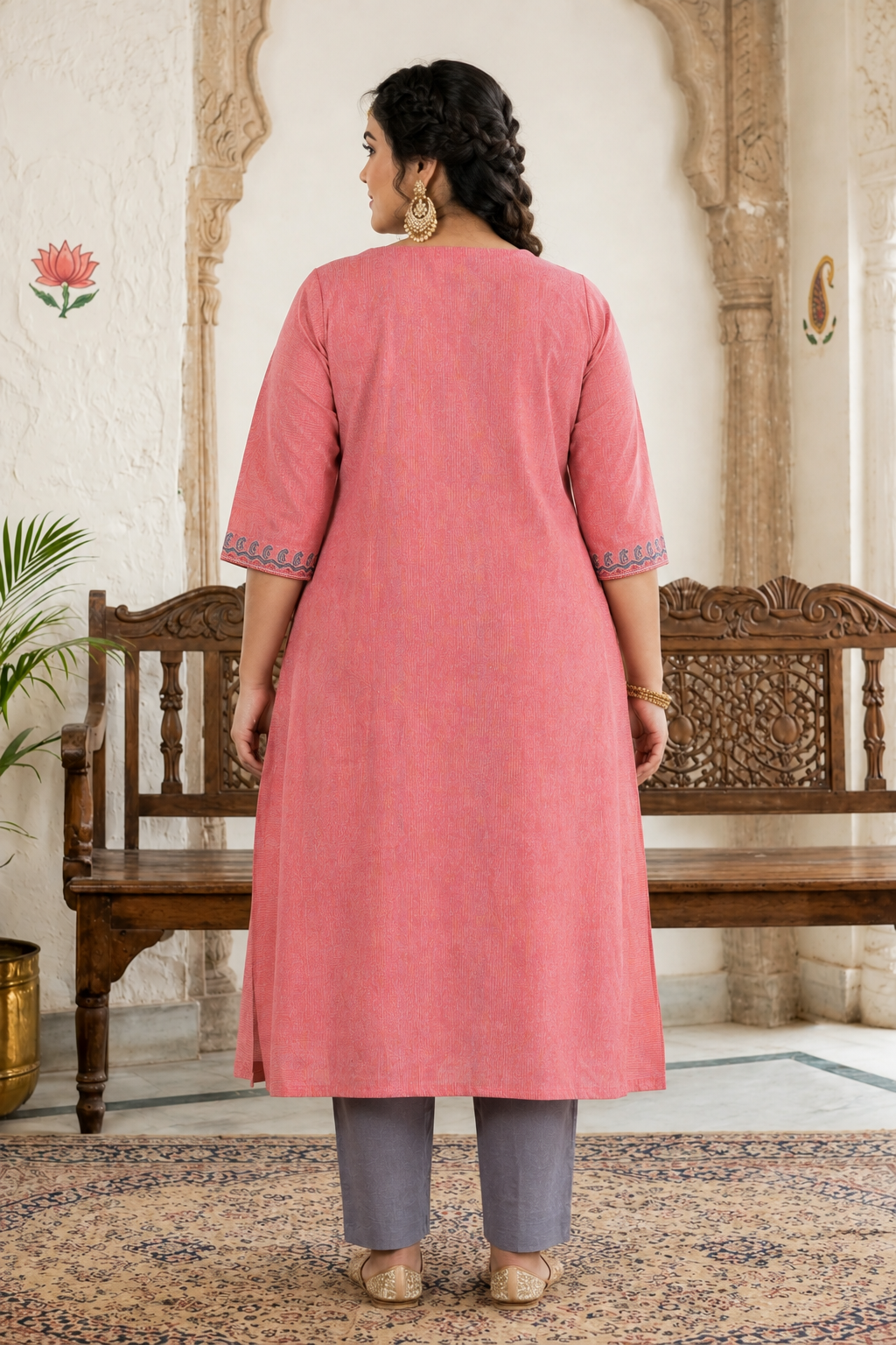 Plus size- A-Line Kurta in Woven Cotton with All-Over Thread Embroidery and Pocket Detail
