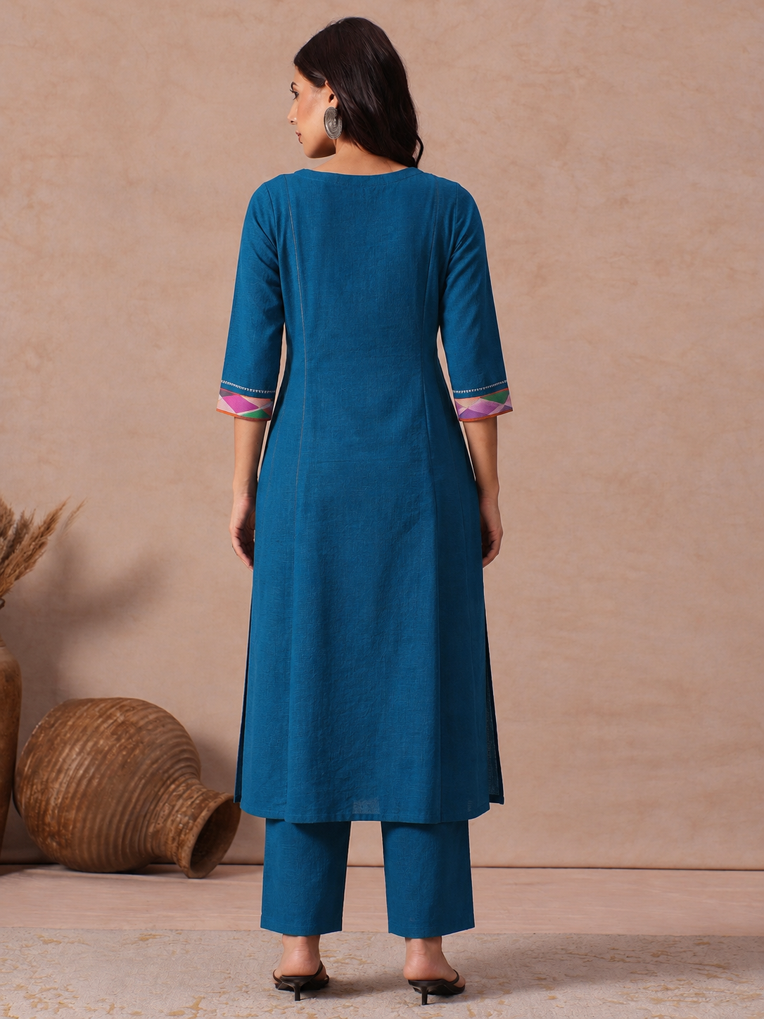 Straight Fit Cotton Kurta Set with Geometric Embroidery, Sequin Work and Plain Pants.