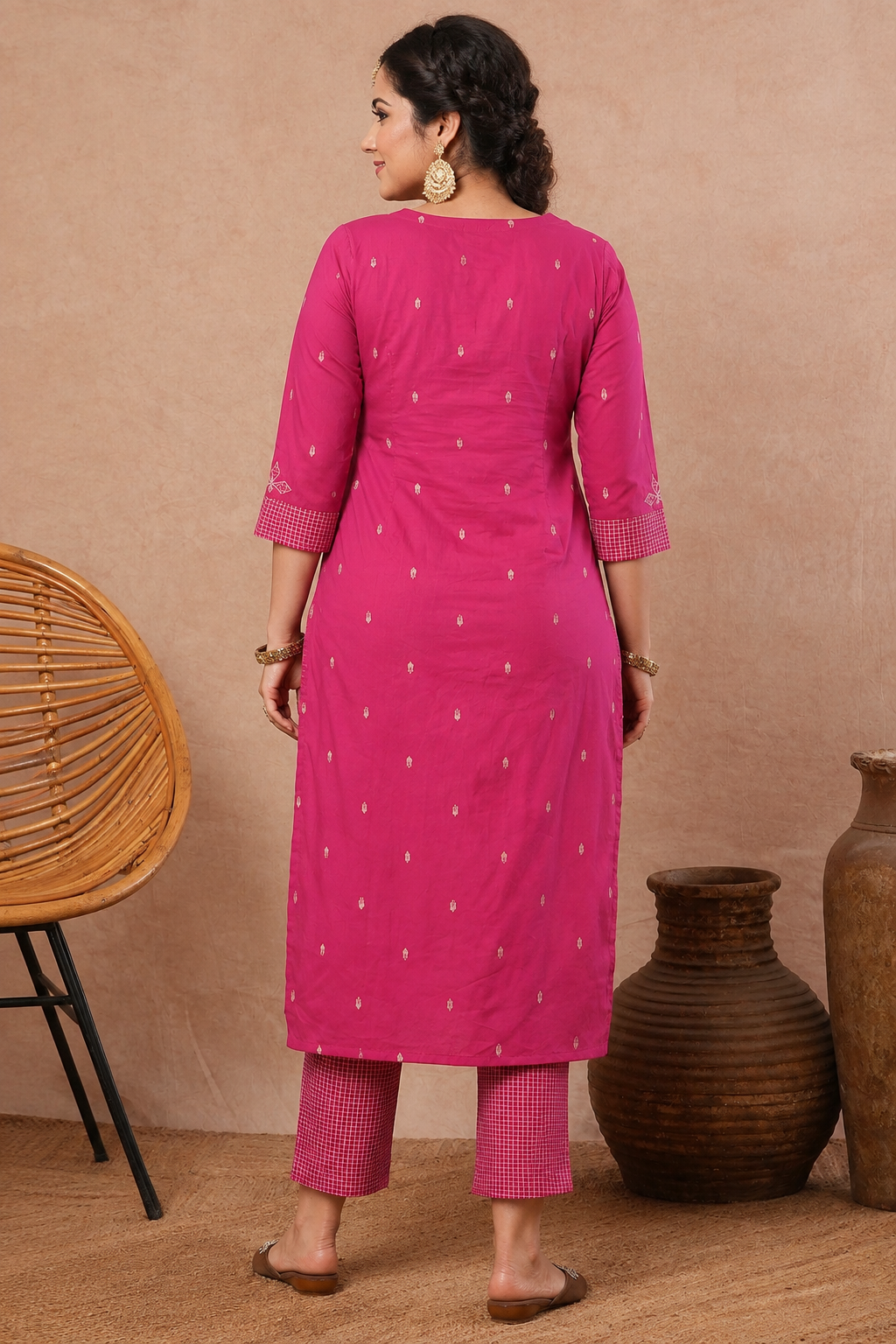 Plus size- Cotton Straight Fit Kurta Featuring Contrast Trim Fabric and Applique on Neck & Sleeves