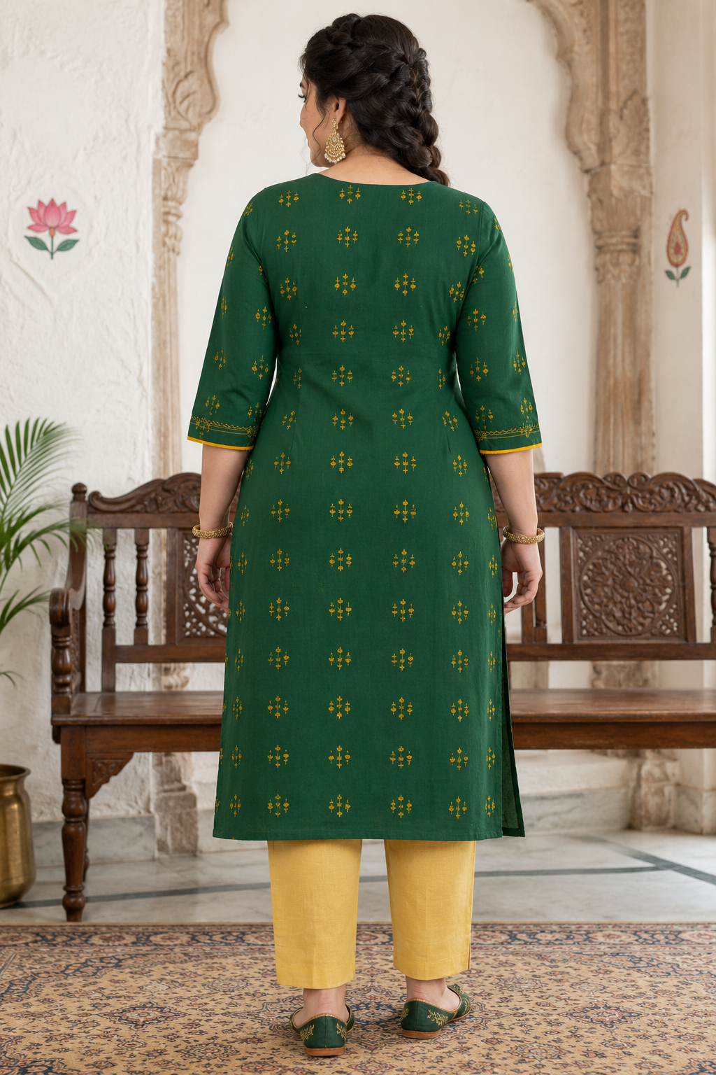 Plus size- Elegant Straight Fit Cotton Dobby Kurta with Hand Embroidery and Mirror Embellishment