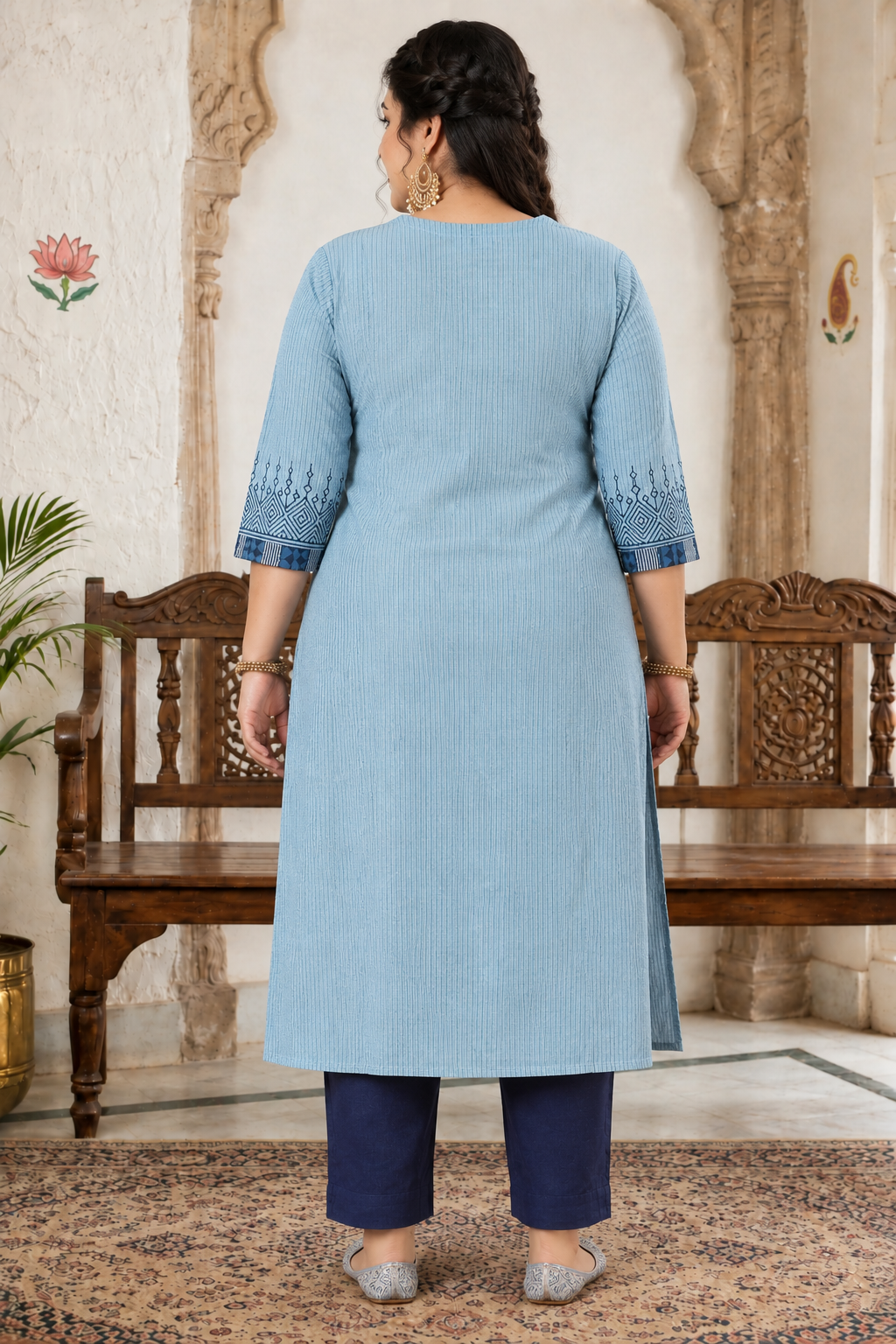 Plus size- Cotton Striped Straight Kurta Featuring Dabu Print Yoke, Block Print and Hand Embroidery Detail
