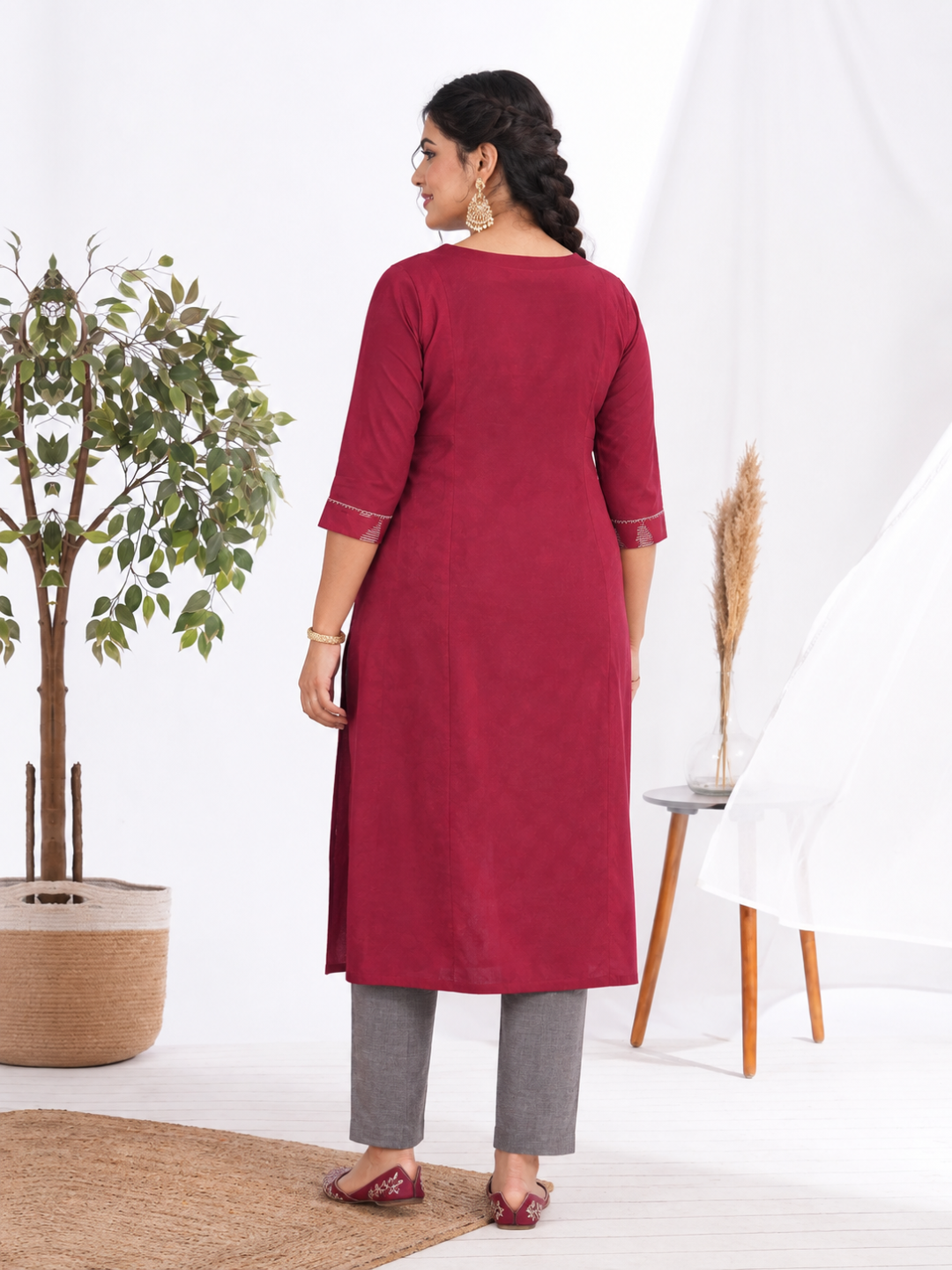 Plus Size Pocketed A-line cotton kurta with a printed center panel and hand work detailing.(Maroon)