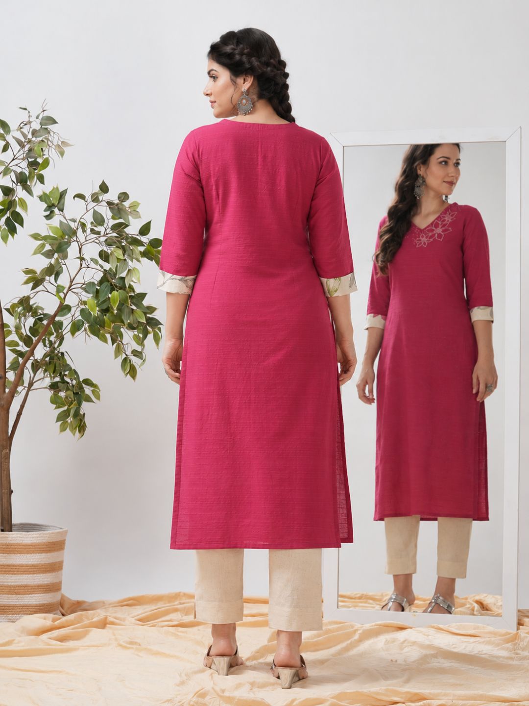 Plus Size- Cotton Straight Fit Kurta with Embroidered Neckline and Contrast Print Roll-Up Cuff Accents.