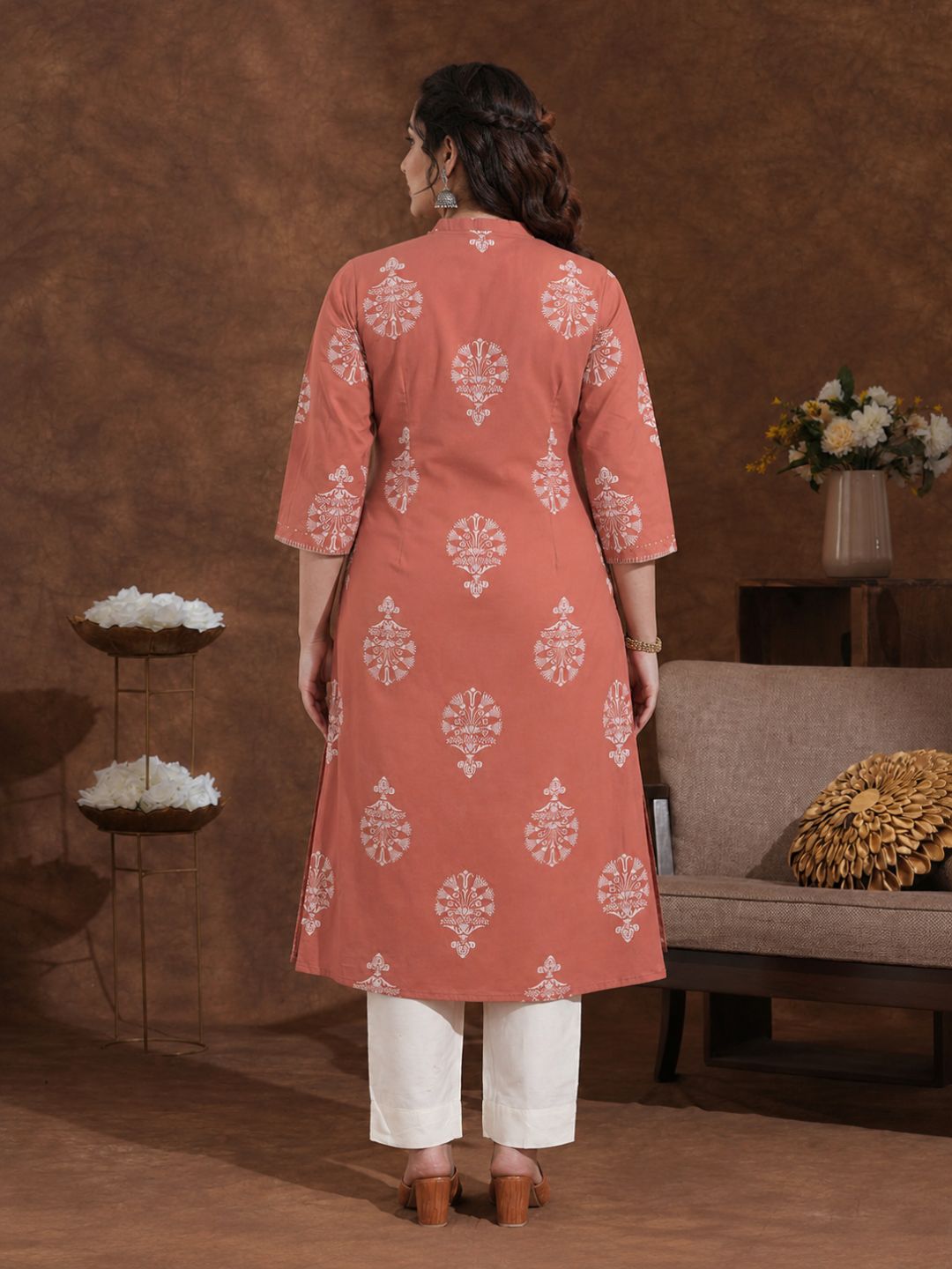 Plus Size- Rust Orange A-Line Cotton Print Kurta with Beadwork and Functional Pocket