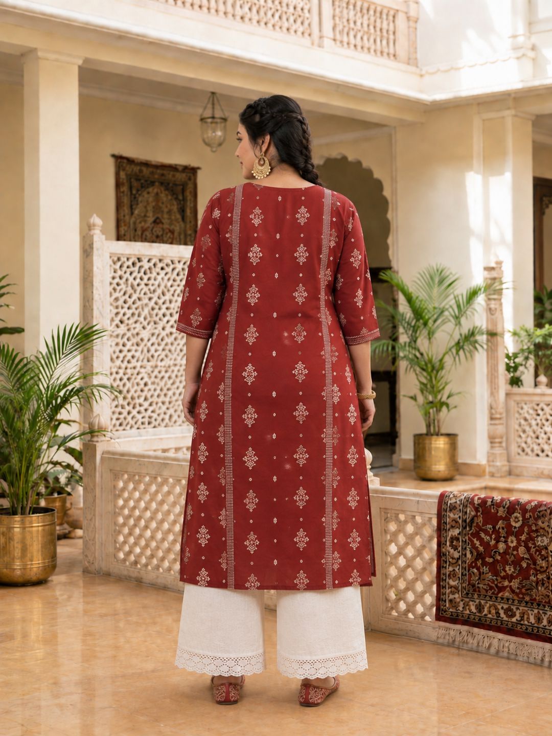 Plus Size- Cotton Straight Princess Shoulder Kurta with Block Print Centre Panel and Sleeve Detailing