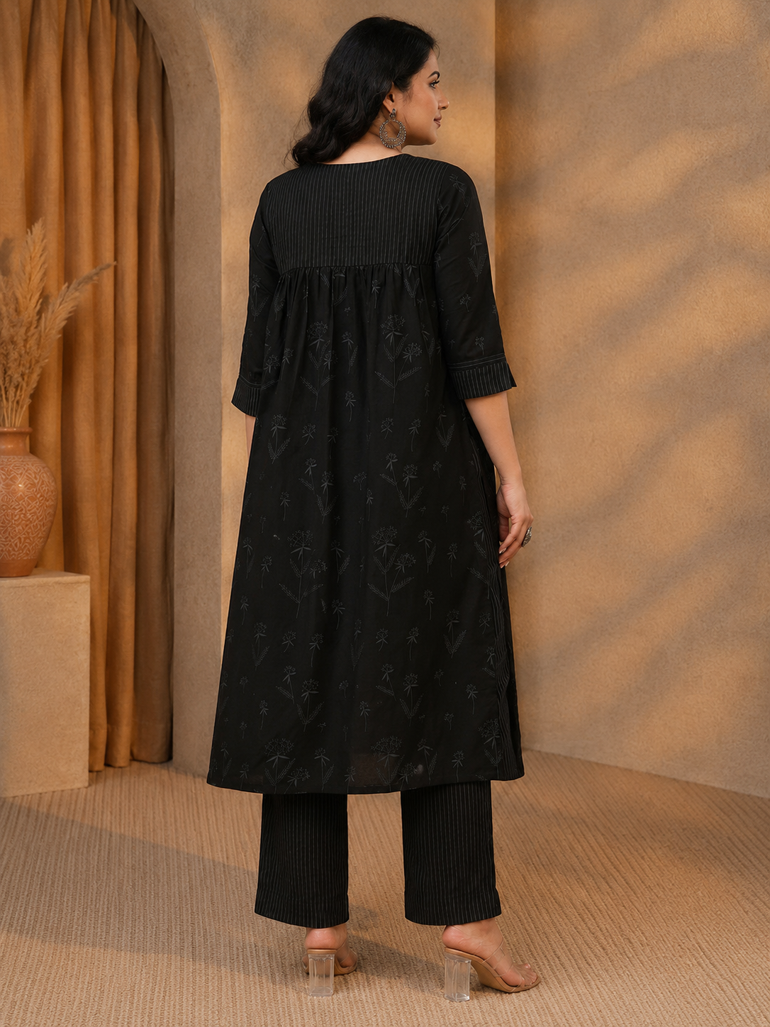 Plus Size- Gathered A-Line Cotton Kurta with Mirror Work Yoke and Elegant Cuffed Sleeves