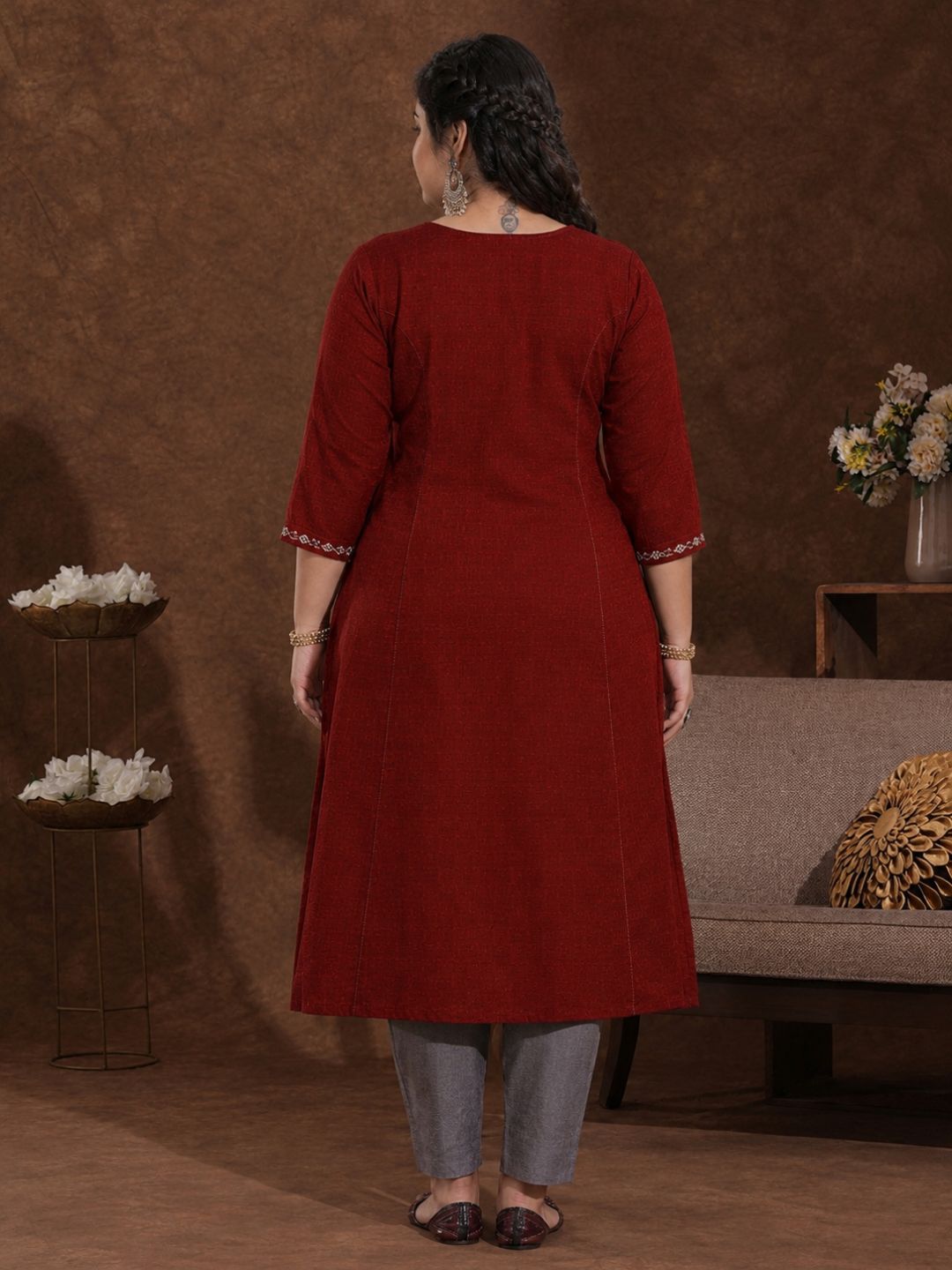 Plus Size- A-Line Pocketed Cotton Slub Kurta Featuring Thread Embroidery and Mirror Work.
