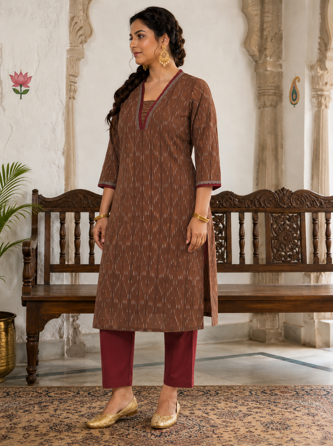 Plus size- Straight Fit Ikat Kurta with Featuring Woven Stripes, Handwork & Solid Trim.