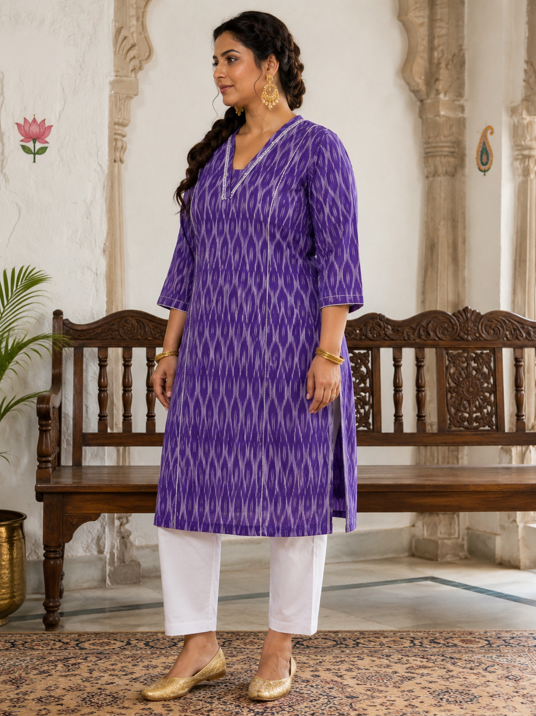 Plus size- Straight Fit Purple Cotton Ikat Kurta with Hand Embroidery & Woven Stripe Work.