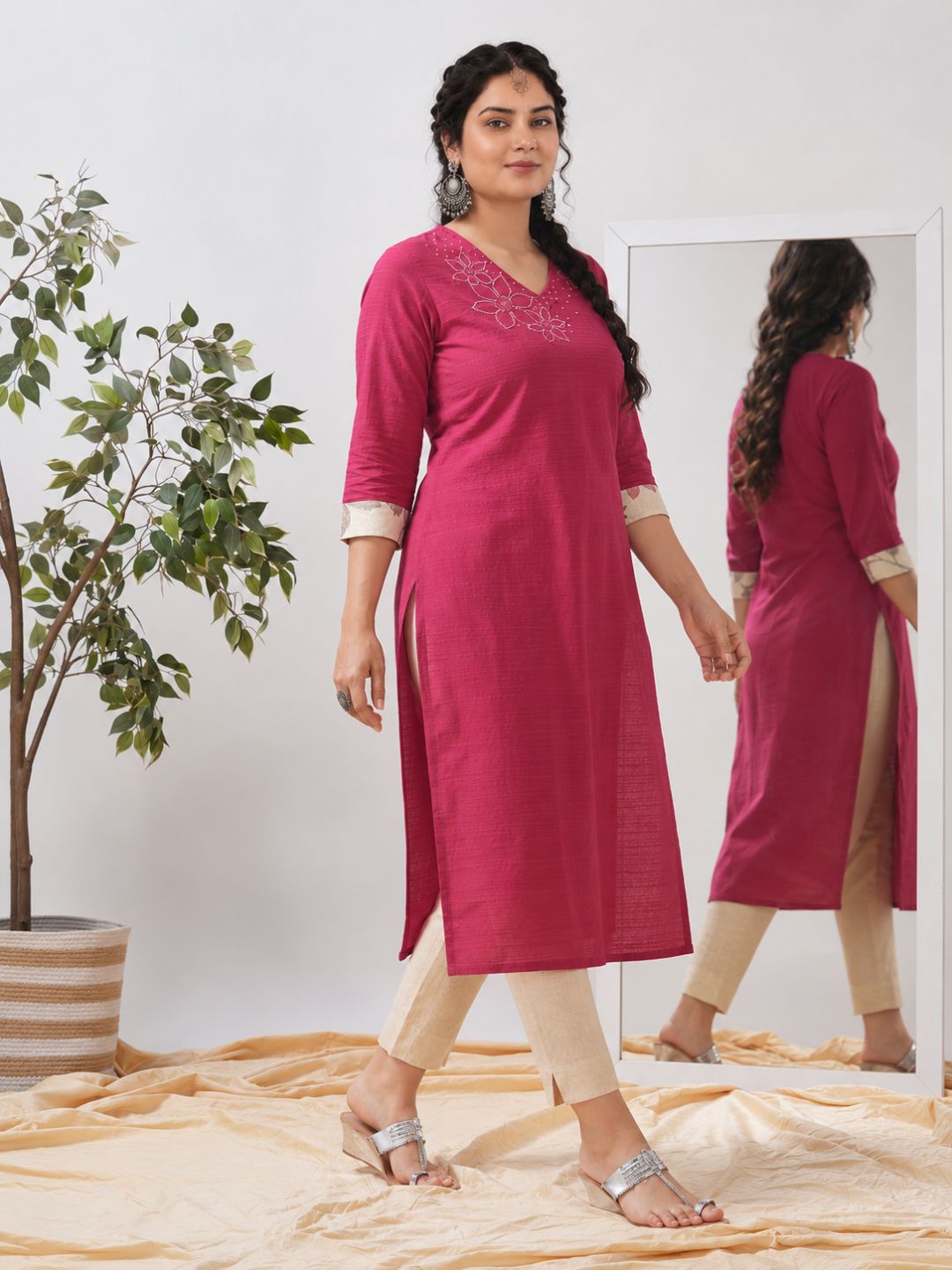 Plus Size- Cotton Straight Fit Kurta with Embroidered Neckline and Contrast Print Roll-Up Cuff Accents.