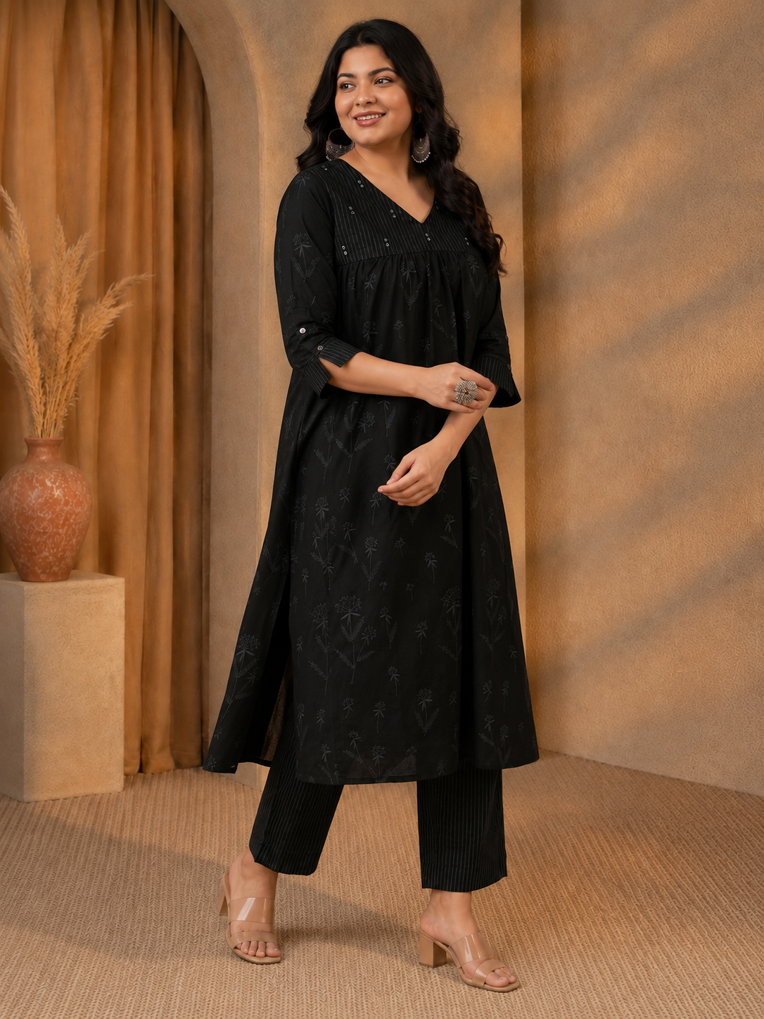 Plus Size- Gathered A-Line Cotton Kurta with Mirror Work Yoke and Elegant Cuffed Sleeves