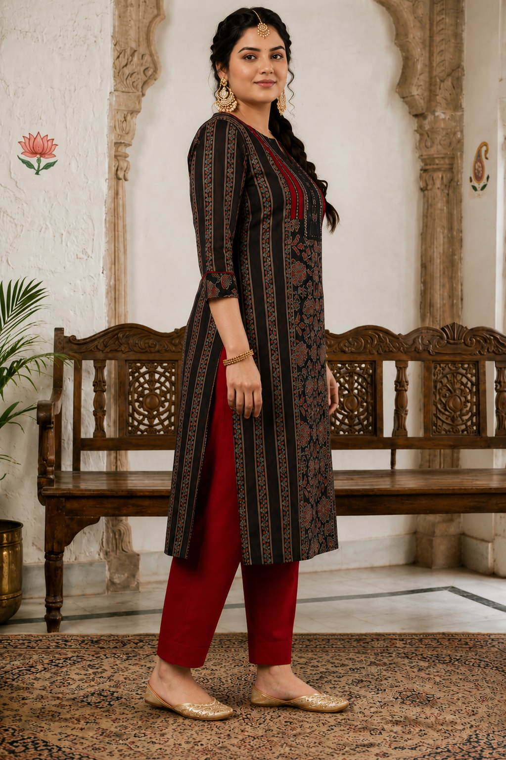 Plus size- Cotton Straight Kurta Featuring Panelled Structure, Block Print and Sequin Handwork