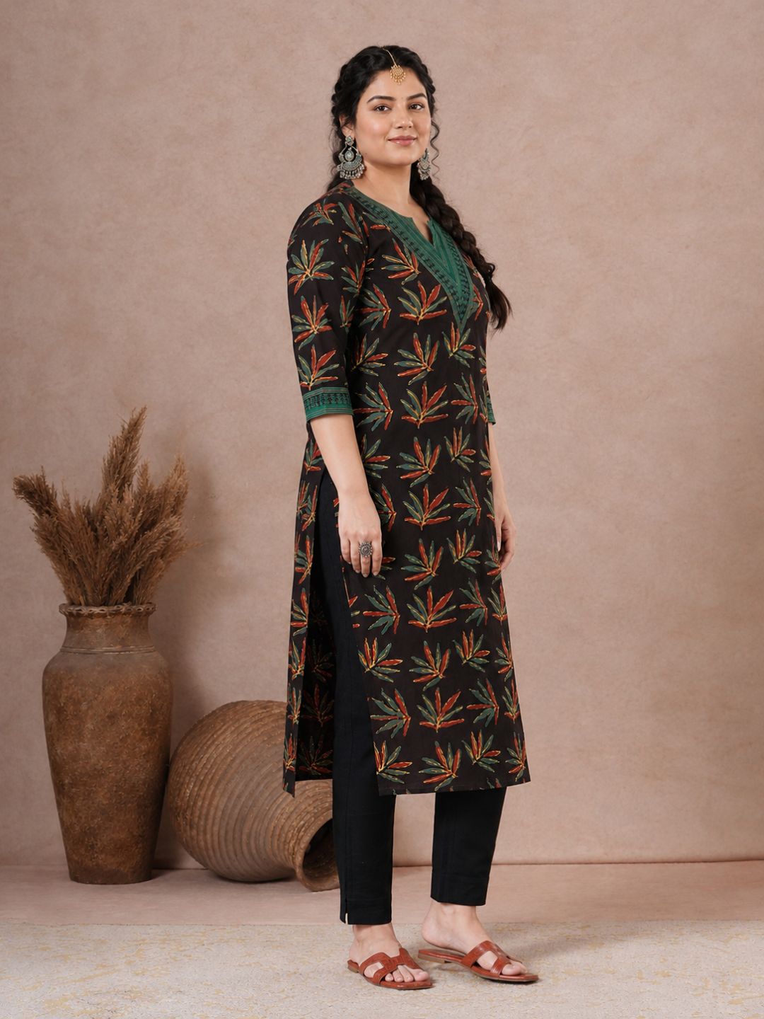 Plus Size- Straight Fit Cotton Printed Kurta with Striped Block Print Yoke & Cuff Detailing