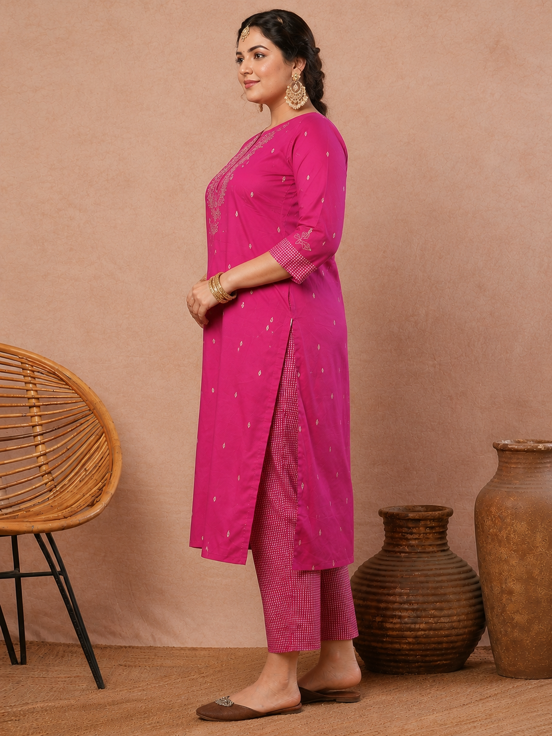 Plus size- Cotton Straight Fit Kurta Featuring Contrast Trim Fabric and Applique on Neck & Sleeves