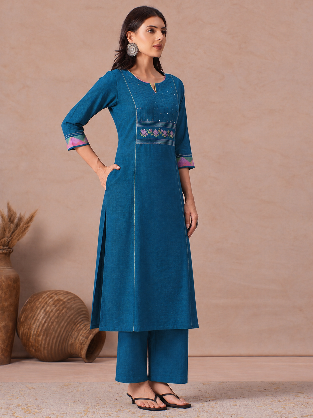 Straight Fit Cotton Kurta Set with Geometric Embroidery, Sequin Work and Plain Pants.