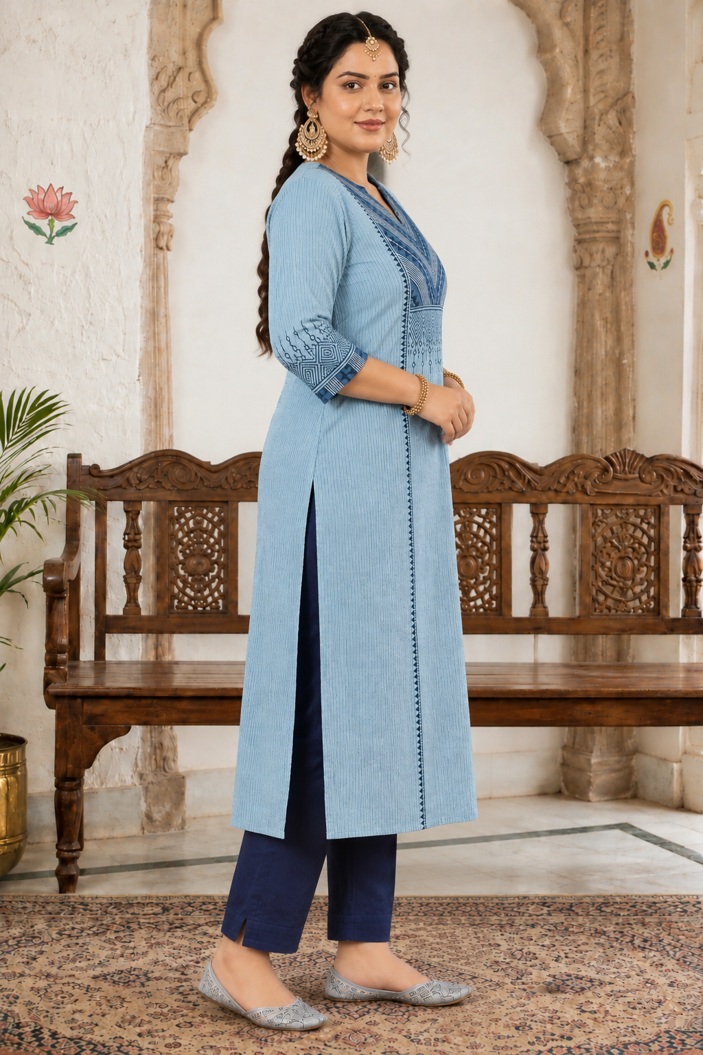 Plus size- Cotton Striped Straight Kurta Featuring Dabu Print Yoke, Block Print and Hand Embroidery Detail