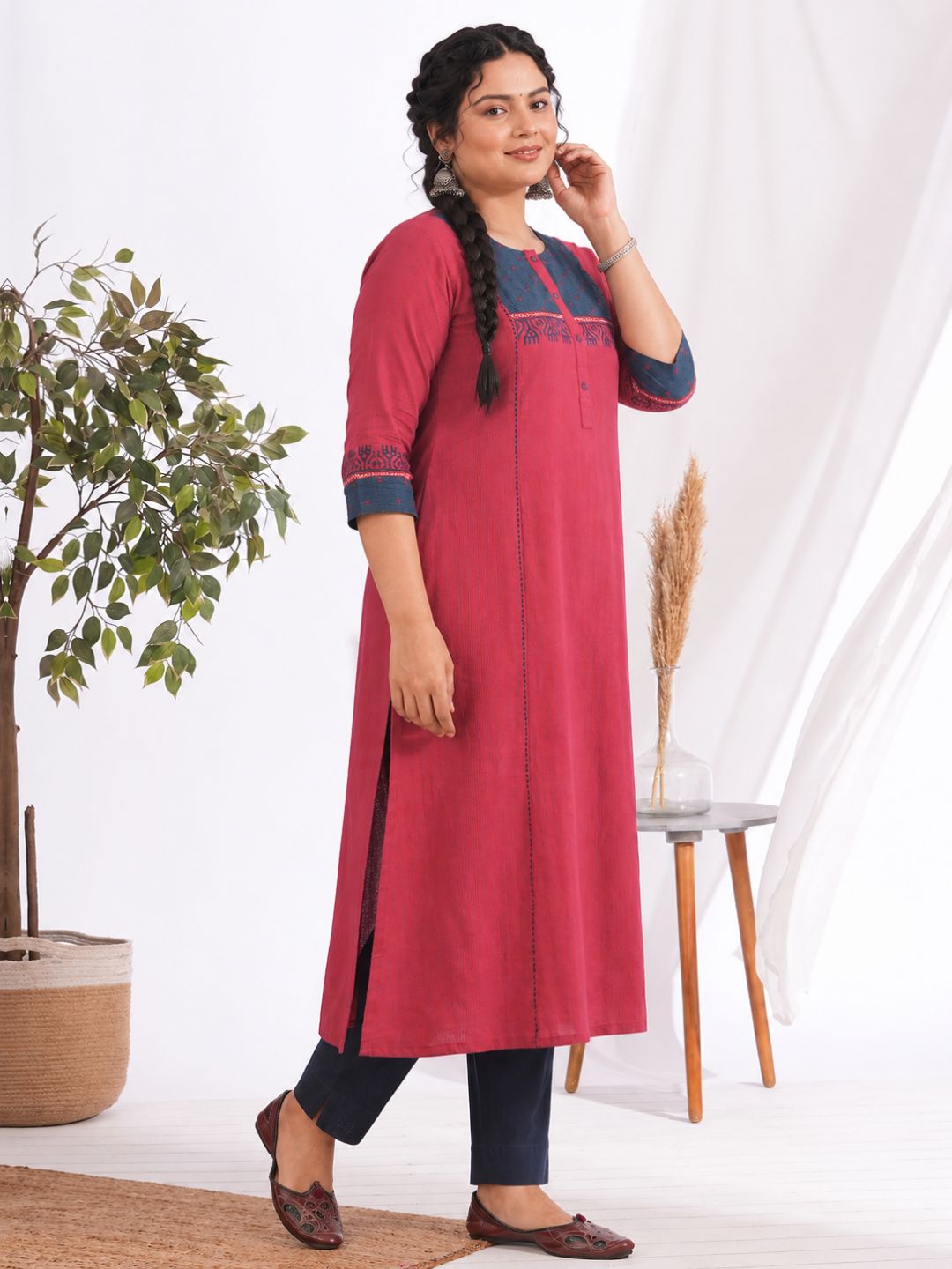 Plus Size- Pocketed A-Line Kurta in Woven Stripe Cotton with Dobby Trim, Block Print and Delicate Handwork Accents.