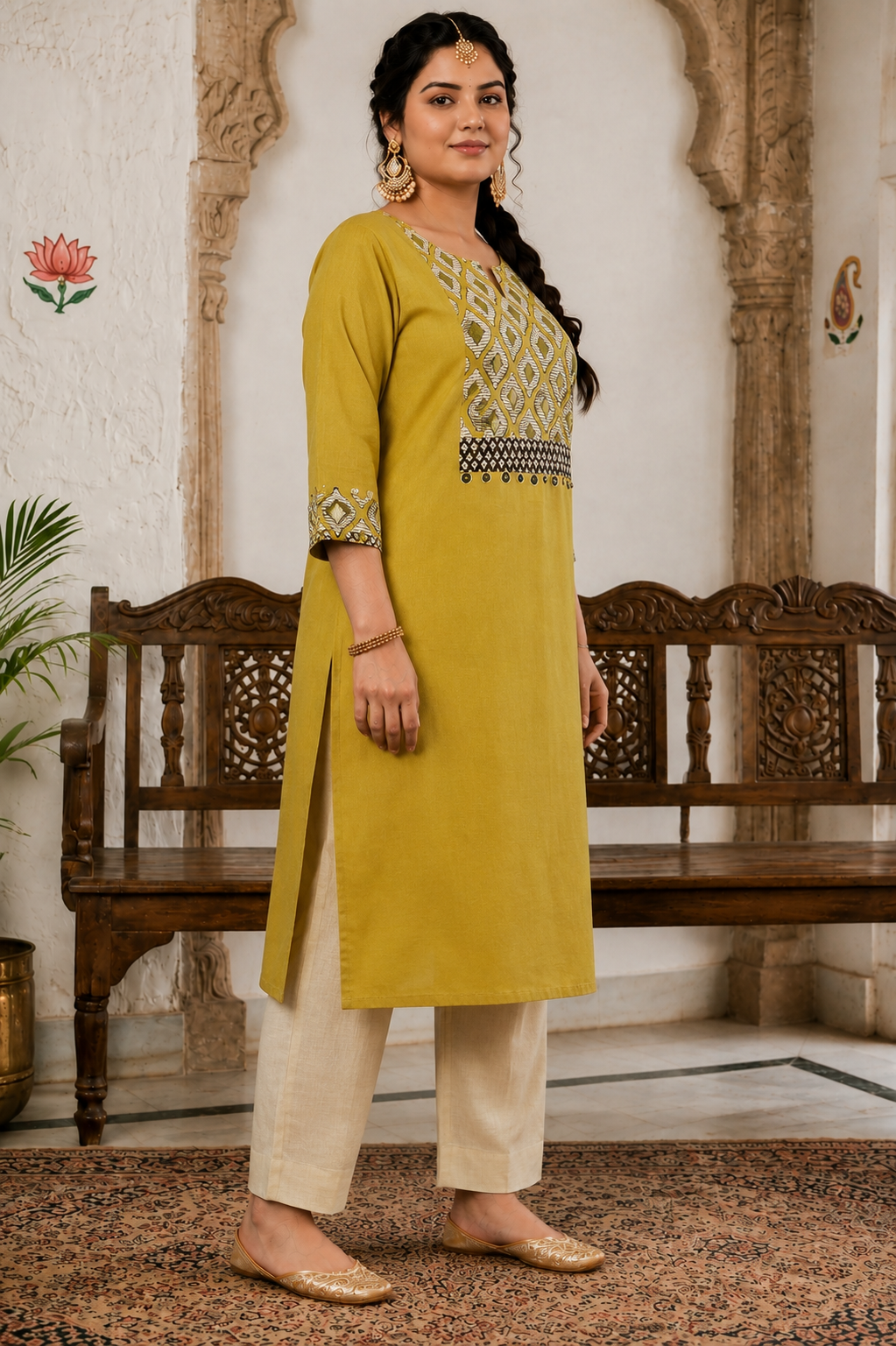 Plus size- Stylish Mustard Cotton Straight Kurta Featuring Block Printed Yoke and Mirror Detailing