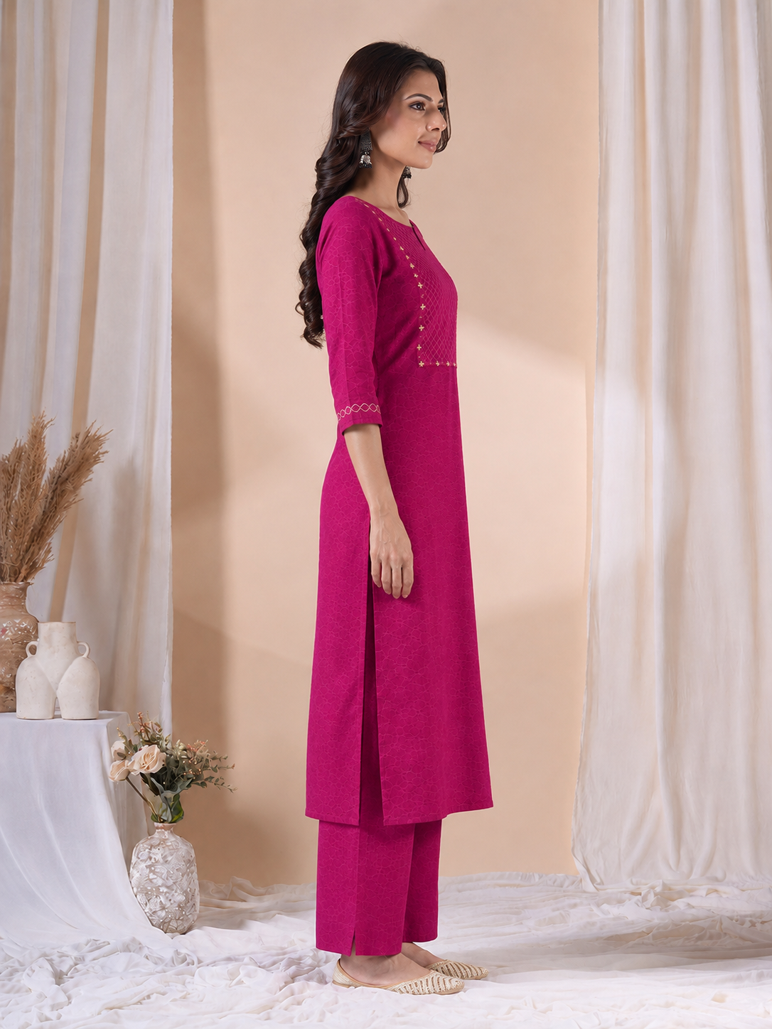 Straight Fit Silk Blend Kurta Set with Zari Embroidery & Sequins work, Plain Matching Palazzo.(Pink)