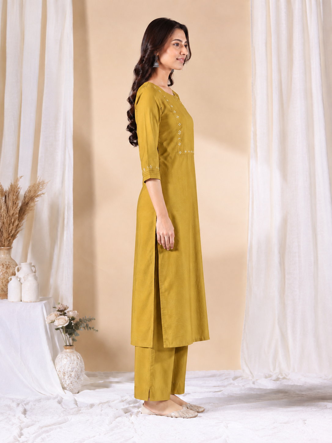 Straight Fit Silk Blend Kurta Set with Zari Embroidery & Sequins work, Plain Matching Palazzo.(Yellow)